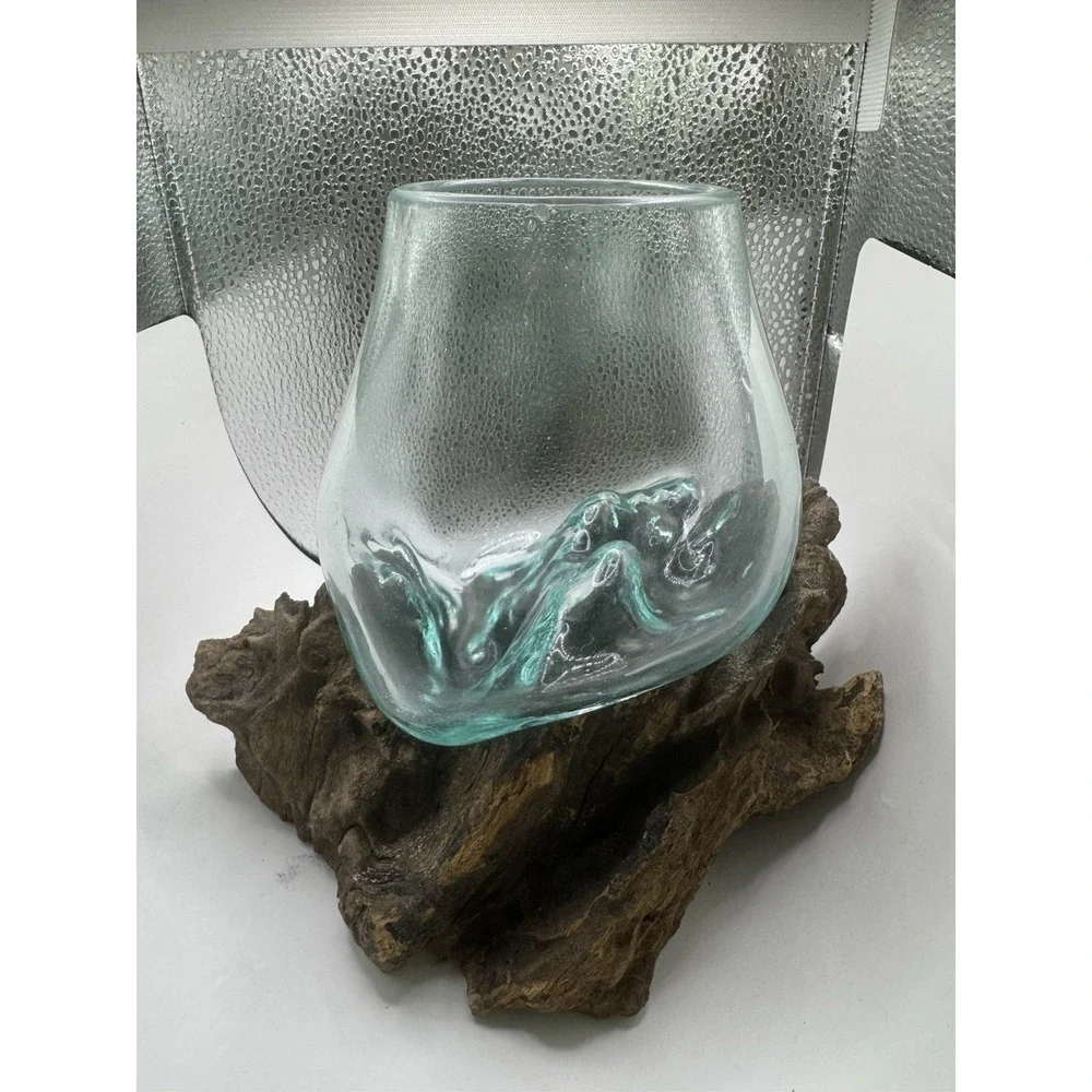 Hand Blown Glass Driftwood Bowl Planter Vase Rustic Coastal Boho Decor OOAK